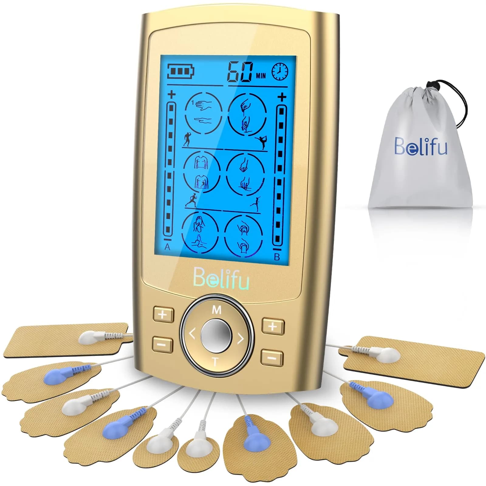 Belifu Dual Channel TENS EMS Unit 24 Modes Muscle Stimulator with 10 Pads | Pain Relief Therapy