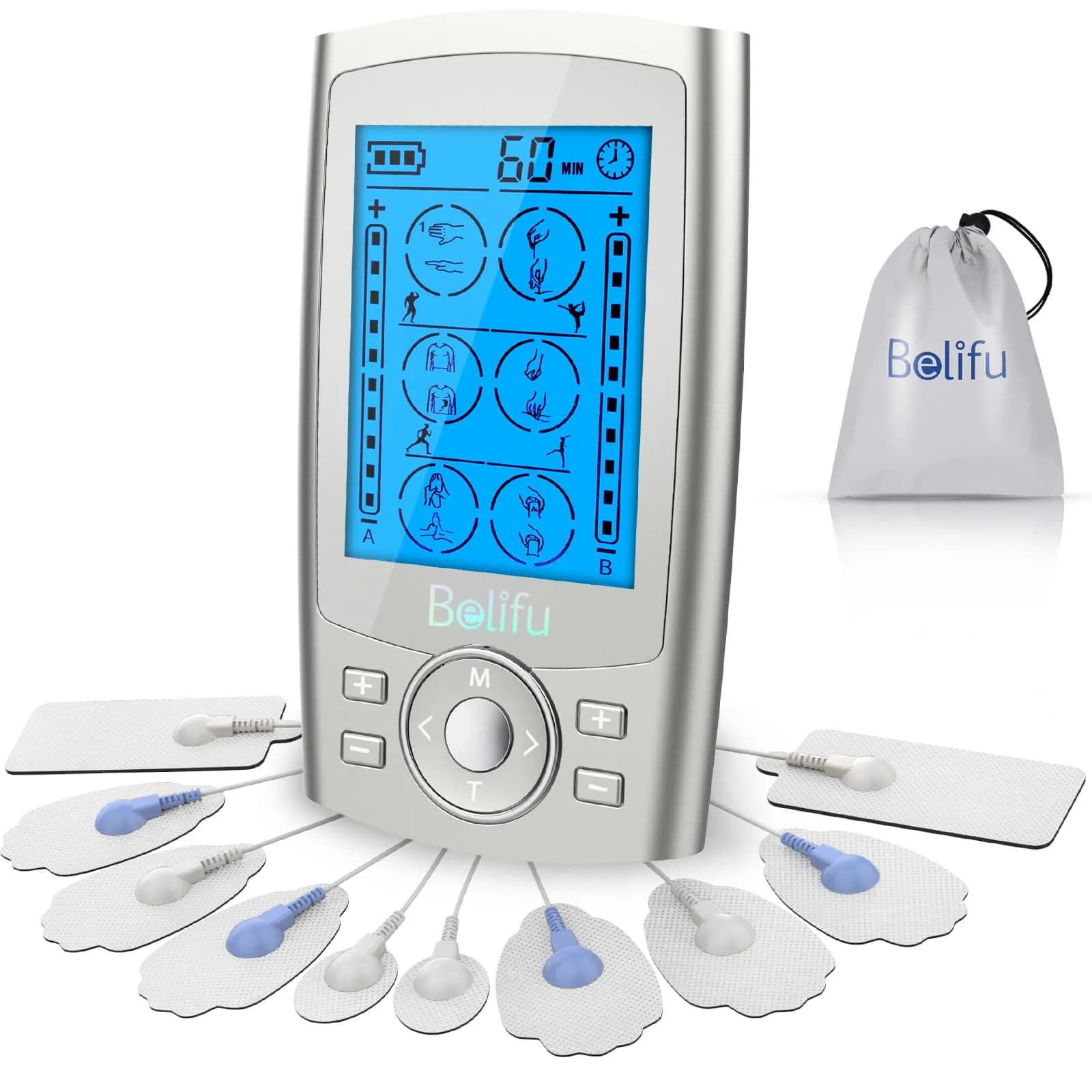 Belifu Dual Channel TENS EMS Unit 24 Modes Muscle Stimulator 120g (4.2oz) | Pain Relief Therapy for Home Use