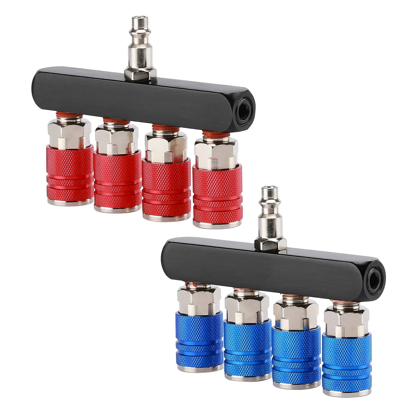 AIRTOON 2PCS 4-Way Straight Air Manifold Splitter with 4 Couplers & 1/4" MNPT Plug | Aluminum & Brass Fittings - main product image