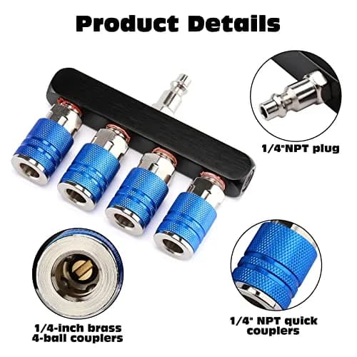 AIRTOON 2PCS 4-Way Straight Air Manifold Splitter with 4 Couplers & 1/4" MNPT Plug | Aluminum & Brass Fittings thumbnail 4