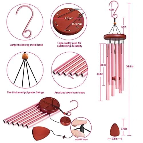 WENANA Large Aluminium Wind Chimes 36" Pink | Soothing Melody for Garden & Home thumbnail 2