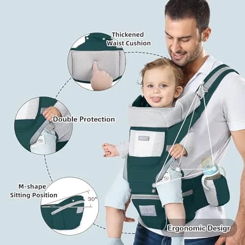 YSSKTC Ergonomic Baby Carrier Hip Seat for 7-33lbs | Dark Green Cotton Mesh thumbnail 3