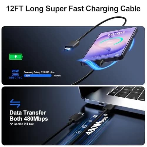 Vilive Super Fast USB C Wall Charger 25W with 12FT Cable | Supports Full Speed Charging & Data Transfer thumbnail 5