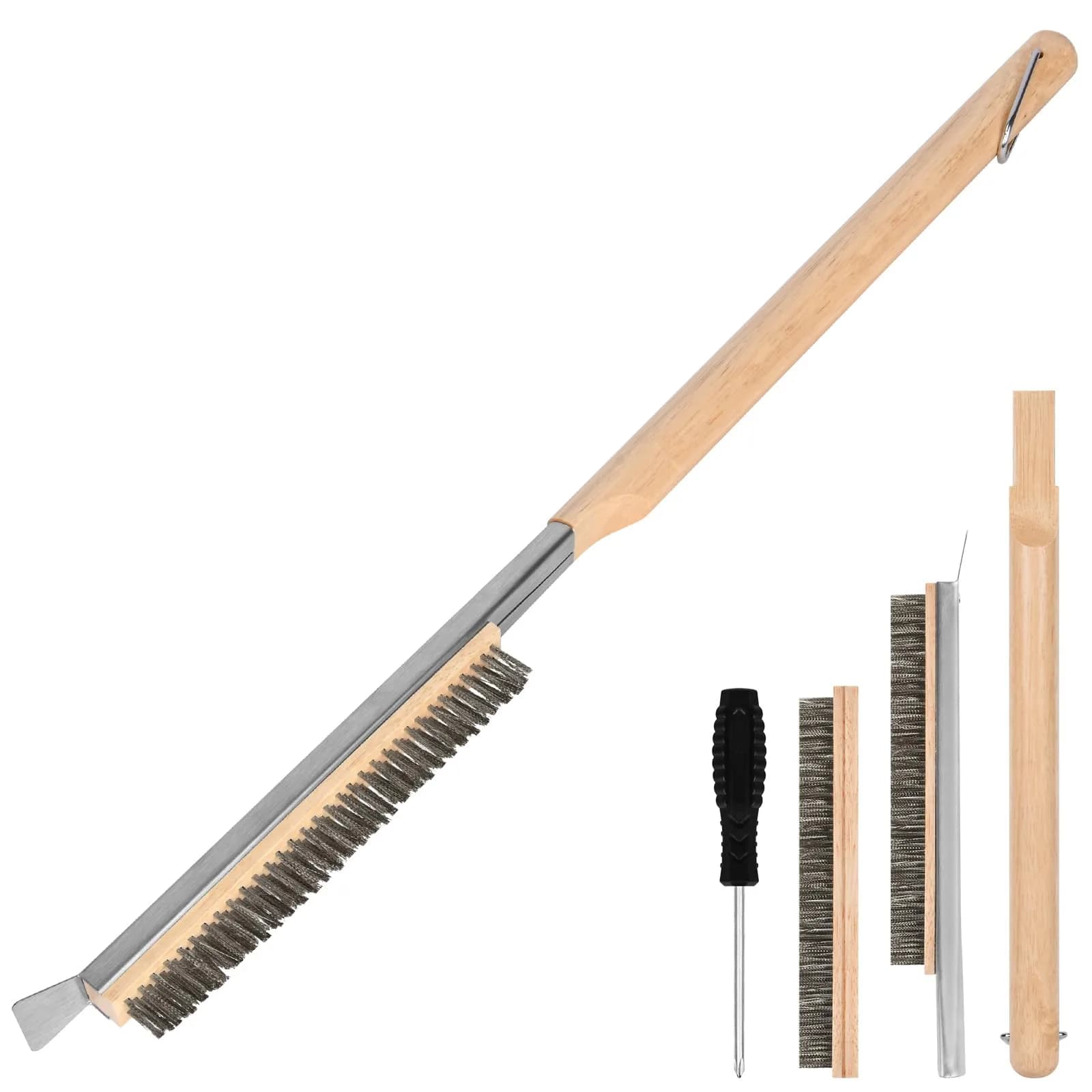 Aolso Pizza Oven Brush 26" with Stainless Steel Scraper & 2 Brush Heads | Heat-Resistant Rubber Wood Handle