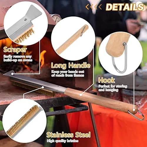 Aolso Pizza Oven Brush 21" with Stainless Steel Scraper & Brass Bristles | Heat-Proof Wood Handle thumbnail 3
