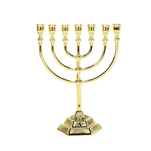 BRTAGG Menorah 7 Branches Gold Candle Holder 17cm (6.7 Inches) | Jerusalem Temple Design thumbnail 1