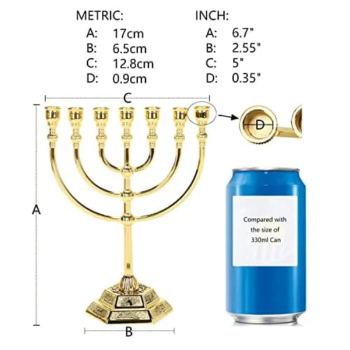 BRTAGG Menorah 7 Branches Gold Candle Holder 17cm (6.7 Inches) | Jerusalem Temple Design thumbnail 2