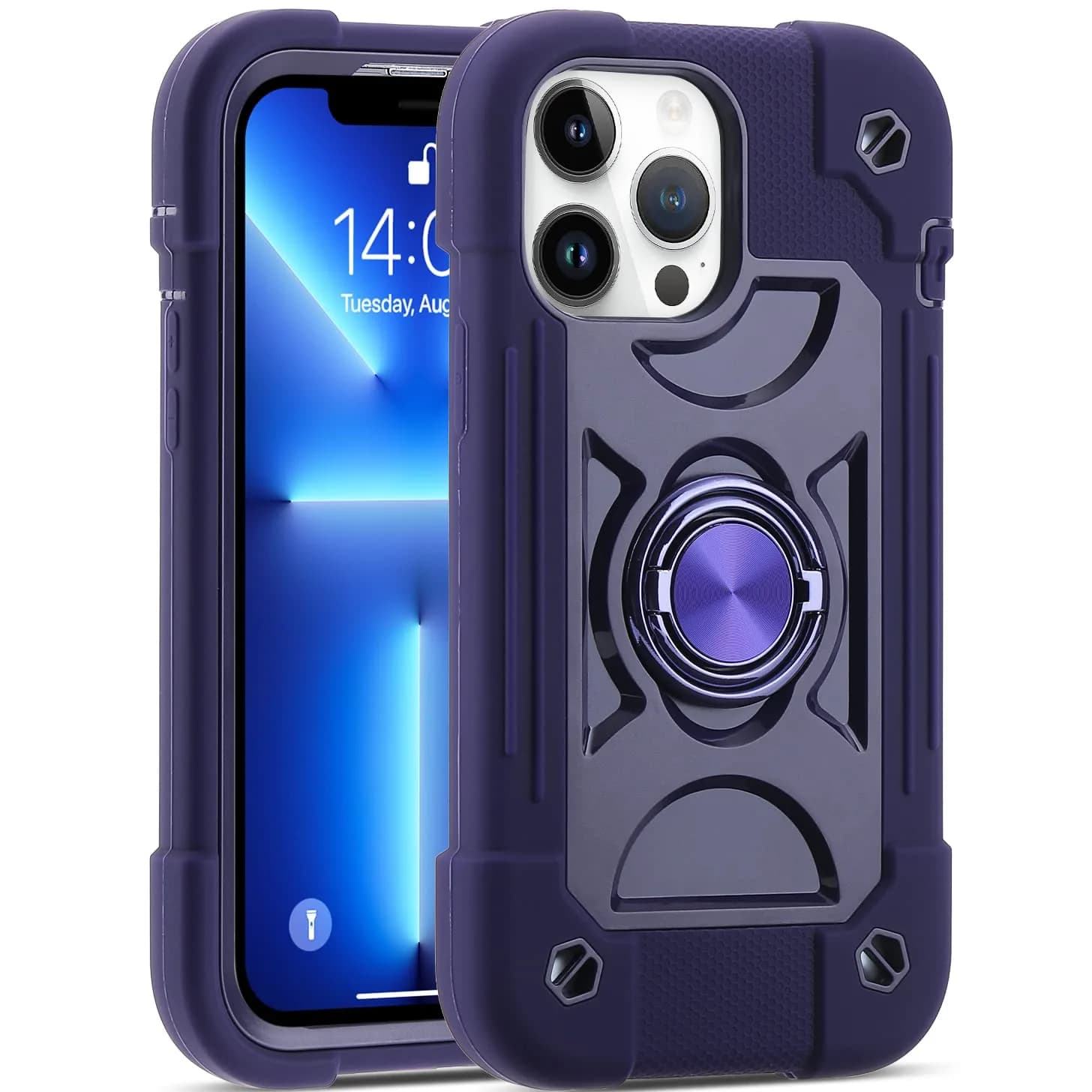 MARKILL Compatible with iPhone 13 Pro Max Case 6.7 Inch with Ring Stand, Heavy-Duty Military Grade Shockproof Phone Kids Cover for iPhone 13 Pro Max Black — Deep Purple