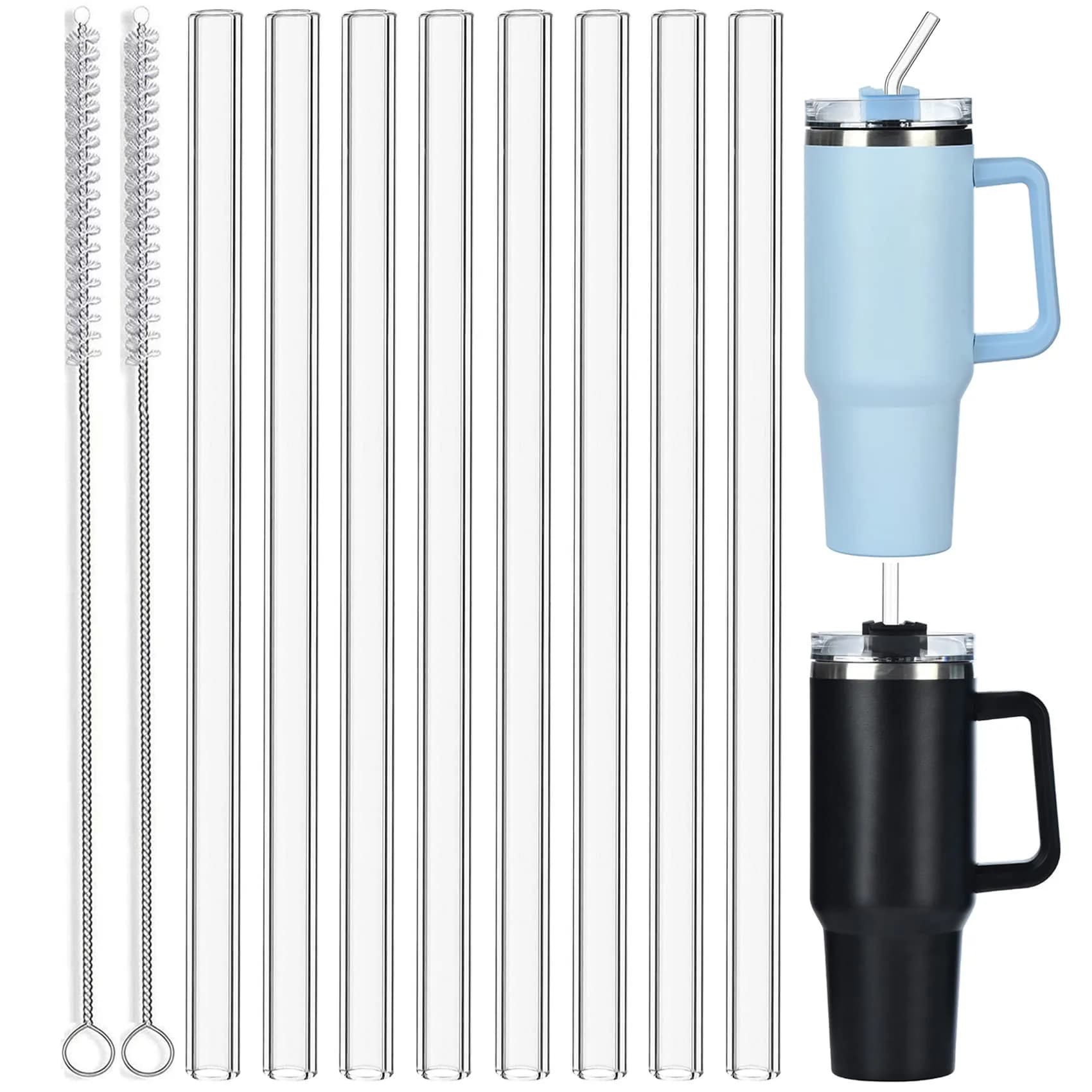 ALINK Clear 8 Pack Glass Straws for Stanley Tumblers | 30cm (12 in) Reusable Borosilicate Glass Straws with 2 Brushes
