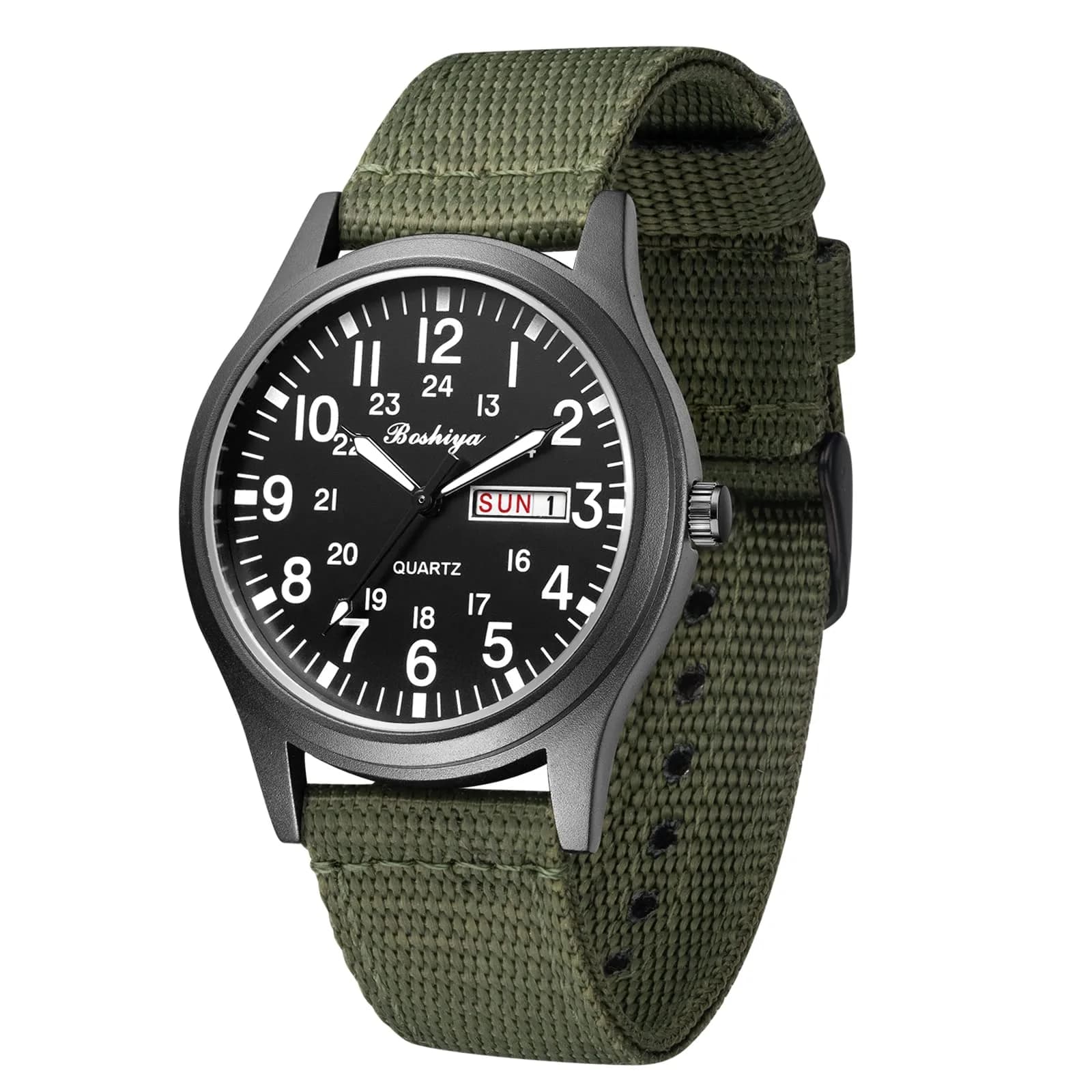 BOSHIYA Men's Military Quartz Watch 40mm (1.57 Inch) | Japanese Movement, Date Display, Waterproof Nylon Strap — (Black-02)