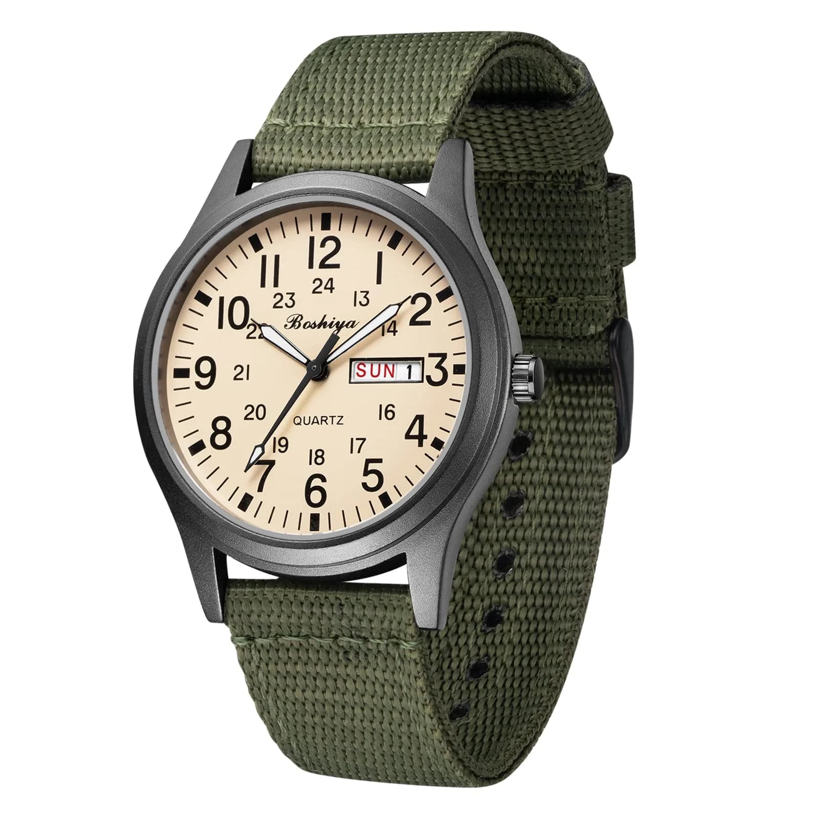 BOSHIYA Men's Military Quartz Watch 40mm (1.57 Inch) | Japanese Movement, Date Display, Waterproof Nylon Strap — White-01