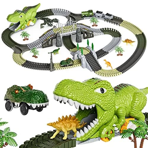TUMAMA Dinosaur Toys Race Track 281 Pcs | Flexible Track with 4 Dinosaurs & Electric Cars thumbnail 1