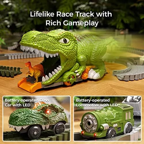 TUMAMA Dinosaur Toys Race Track 281 Pcs | Flexible Track with 4 Dinosaurs & Electric Cars thumbnail 4