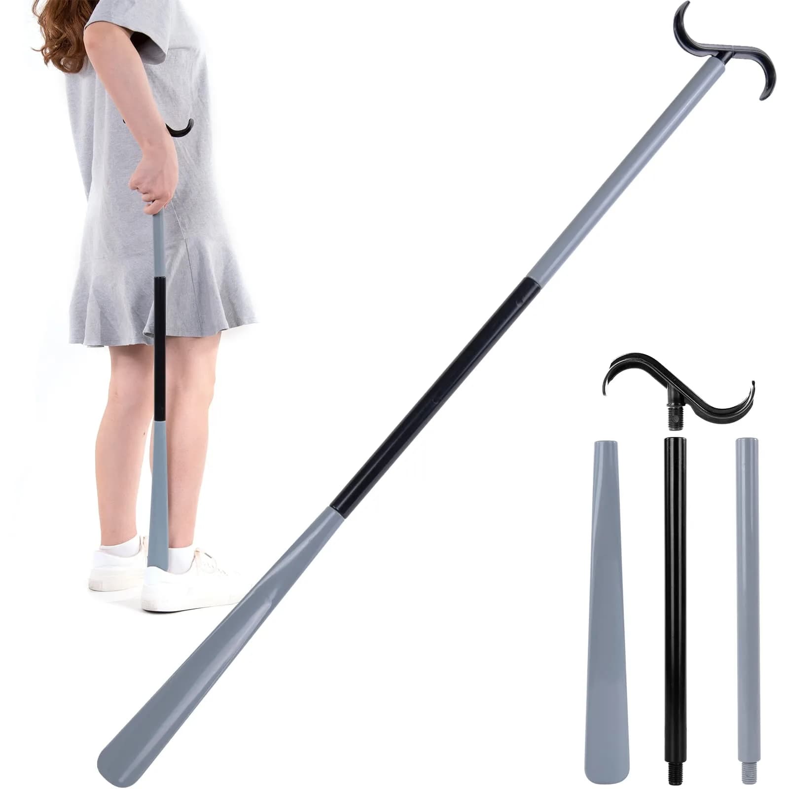 JJDPARTS 35" Long Dressing Stick with Shoe Horn & Sock Remover | Adjustable Reach Aid — 35" Grey