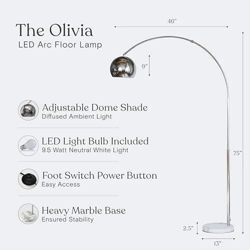 Brightech Olivia Floor Lamp - Chic Arc Lamp with Marble Base & LED Bulb for Living Room, Bedroom, Office - Chrome thumbnail 3