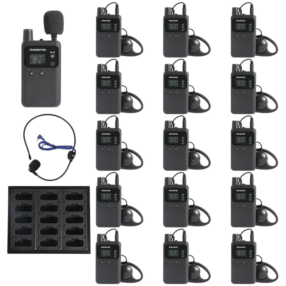 AGJ Wireless Tour Guide System, 1 Transmitter 15 Receivers, UHF 902-928 MHz | Long Range, Rechargeable, Easy Operation - main product image