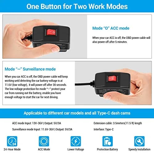 ssontong OBD Dash Cam Power Cable Type-C USB Hardwire Kit ACC Mode with Switch 3.5m (11.5 ft) | Dual Mode Parking Surveillance thumbnail 5