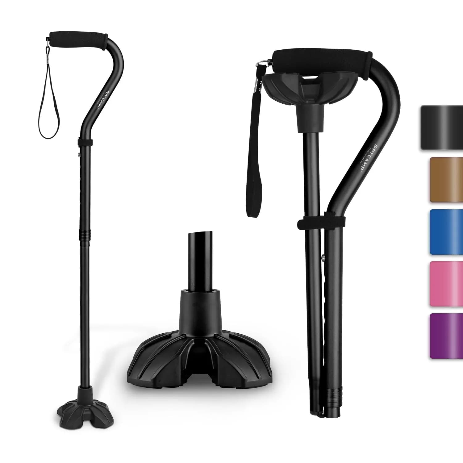 GPTCAMP Quad Base Walking Cane with Offset EVA Handle & Self-Standing Feature | 1.1 lbs Lightweight, 300 lbs Capacity, Adjustable 31"-36" — black