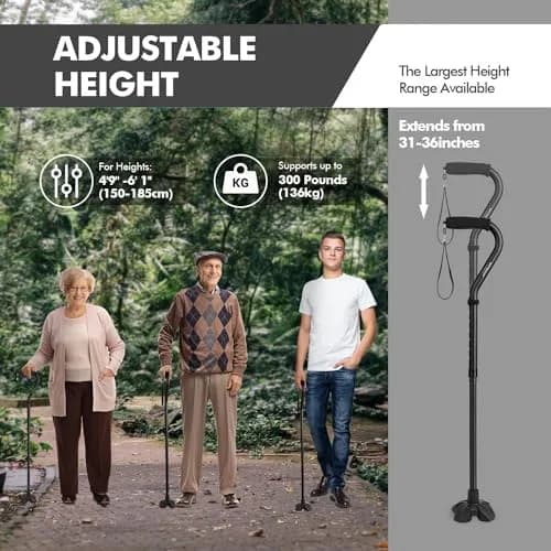 GPTCAMP Quad Base Walking Cane 79-92cm (31"-36") | Self-Standing, 140kg Capacity, Offset Grip thumbnail 6