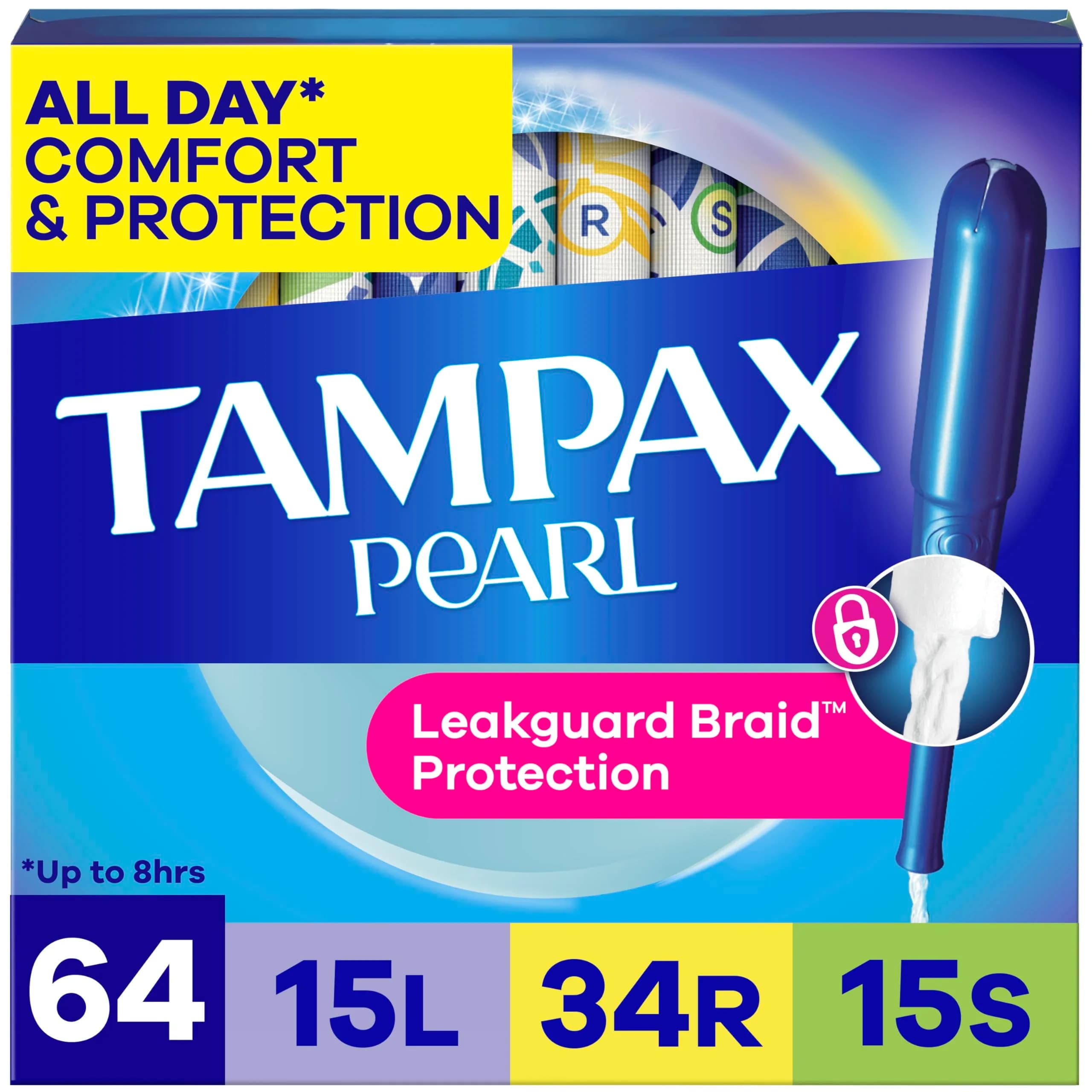 Tampax Pearl Tampons with Leak-Proof Braid, Lightweight/Regular/Super Absorbent, Unscented (Pack of 64)