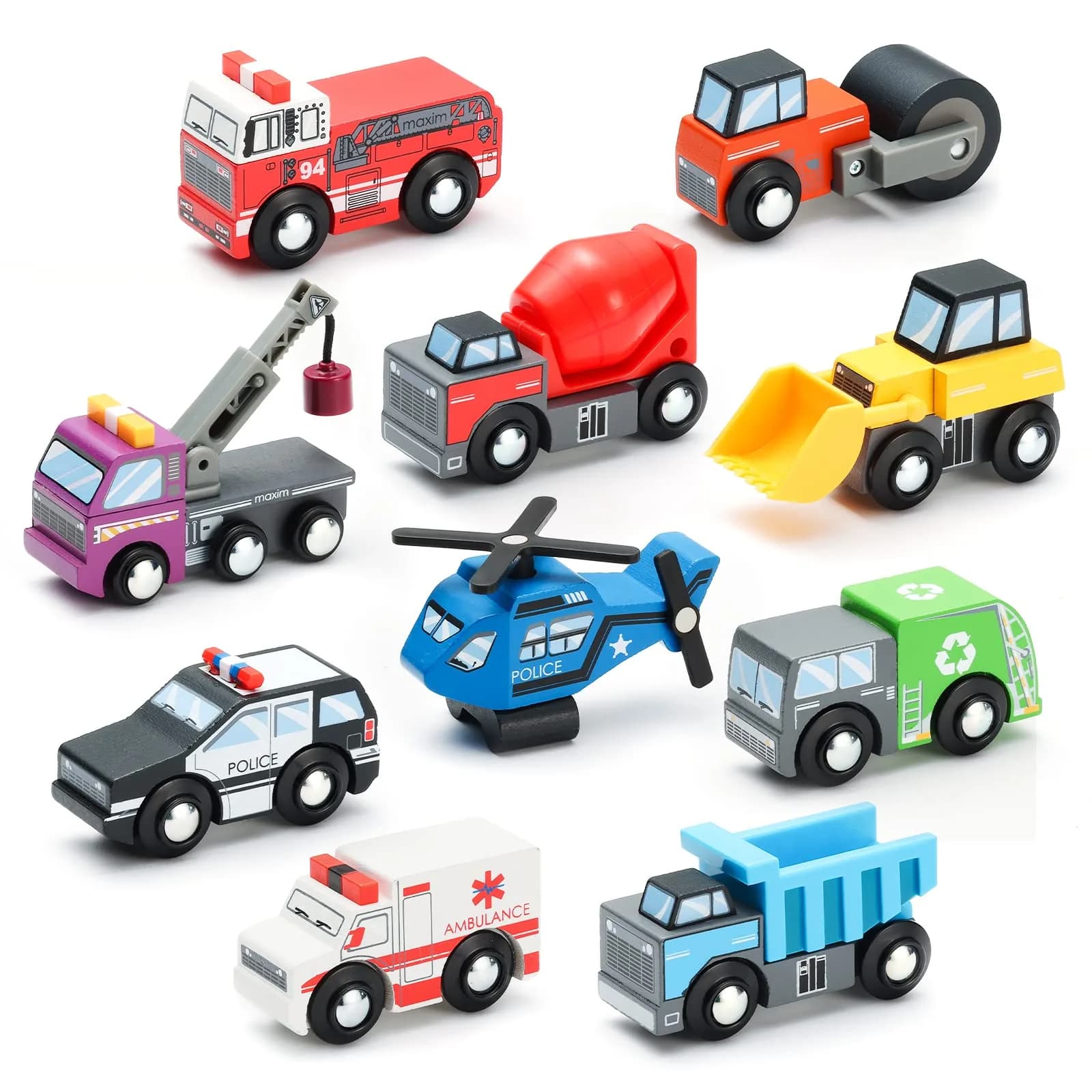 SainSmart Jr. Wooden Train Set Accessories Toy Cars (10 PCS) - 16.6cm x 23.7cm x 5.9cm | Compatible with Major Brands