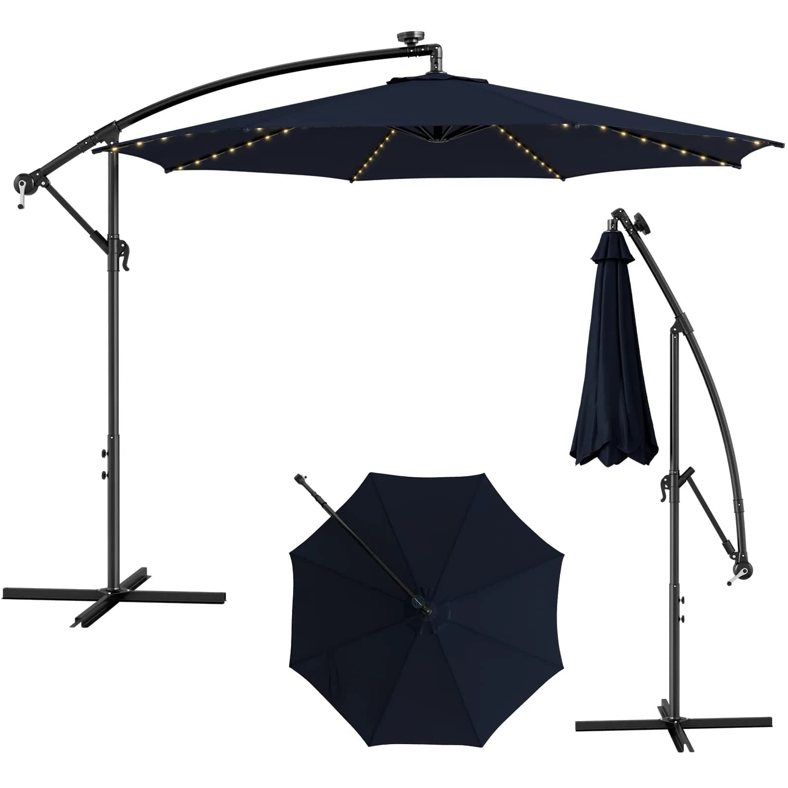 HAPPYGRILL 10FT Cantilever Offset Patio Umbrella with Solar Lights | Large 80 sq.ft Shade, Solar LED, Tilt & Crank, Stable Metal Support