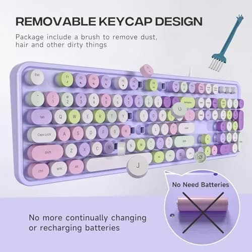 KNOWSQT Wired Computer Keyboard - Purple Colorful Retro Full Size Round Keycaps | Typewriter Style, Compatible with Windows & PC thumbnail 5
