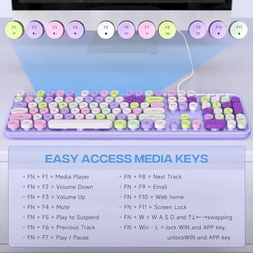 KNOWSQT Wired Computer Keyboard - Purple Colorful Retro Full Size Round Keycaps | Typewriter Style, Compatible with Windows & PC thumbnail 6