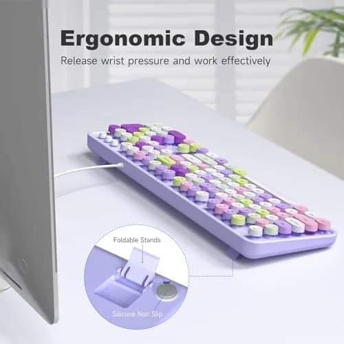 KNOWSQT Wired Computer Keyboard - Purple Colorful Retro Full Size Round Keycaps | Typewriter Style, Compatible with Windows & PC thumbnail 8