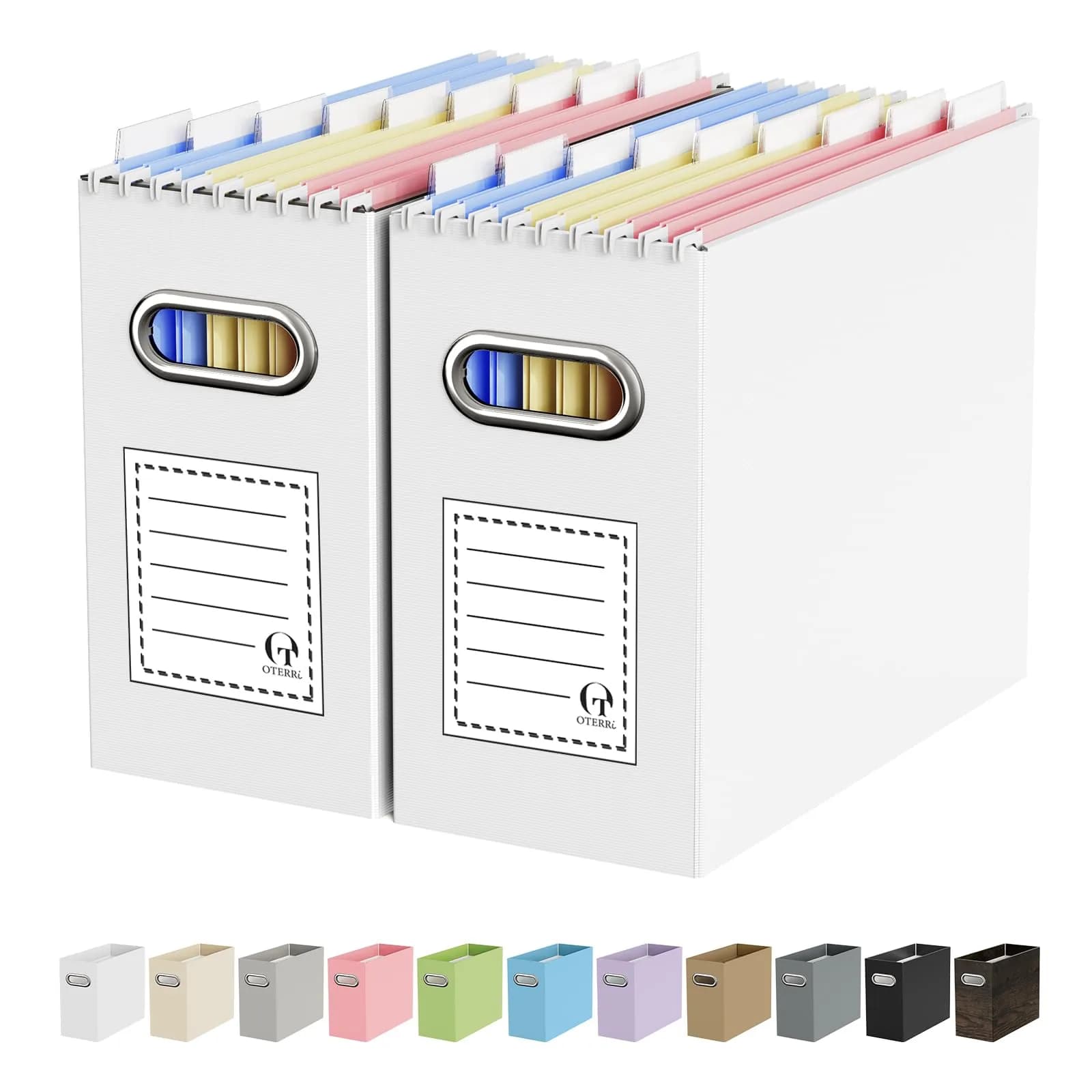 Oterri Portable Collapsible Cardboard File Box with Handle for Letter-Size, 2-Pack (30L / 1.7kg) | Heavy-Duty Cardboard & Stainless Steel Handles — White / Letter Size