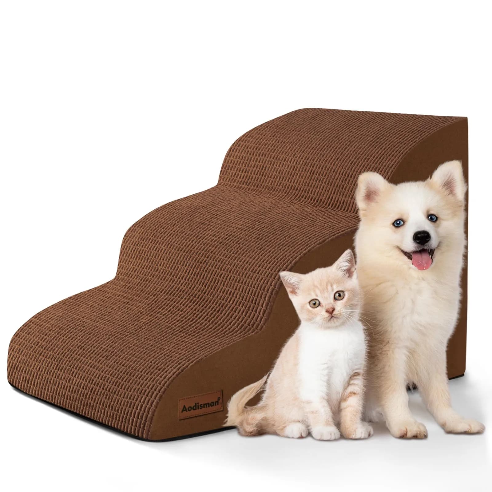 aodisman Dog Stairs for Small Dogs and Cats | 3-Step Pet Ramp for Bed & Couch with Non-Slip Design — Brown / Standard 3-Step 15.7"H