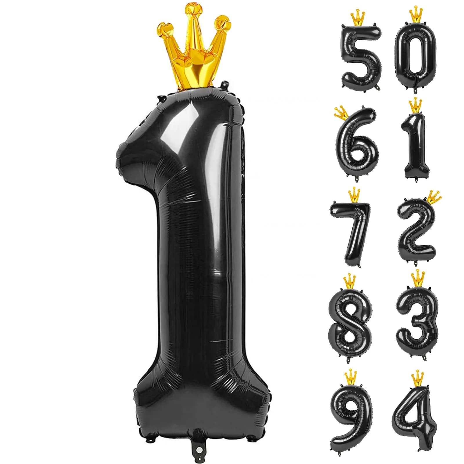 IWERP Black Crown 5 Balloon - 40 Inch Number Balloon | Reusable Foil Party Decoration — Black With Crown / Number 1