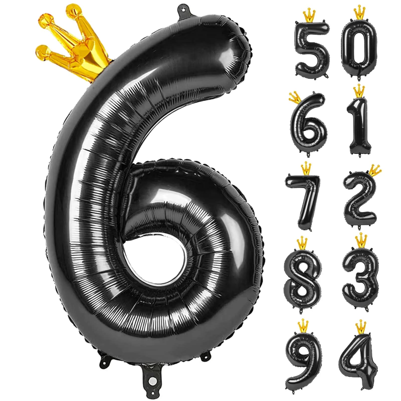 IWERP Black Crown 5 Balloon - 40 Inch Number Balloon | Reusable Foil Party Decoration — Black With Crown / Number 6