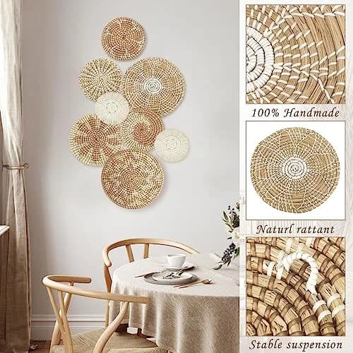 Xuhal 8 Pcs Boho Wall Basket Decor Rustic Farmhouse Summer | Handwoven Seagrass Wall Art thumbnail 5