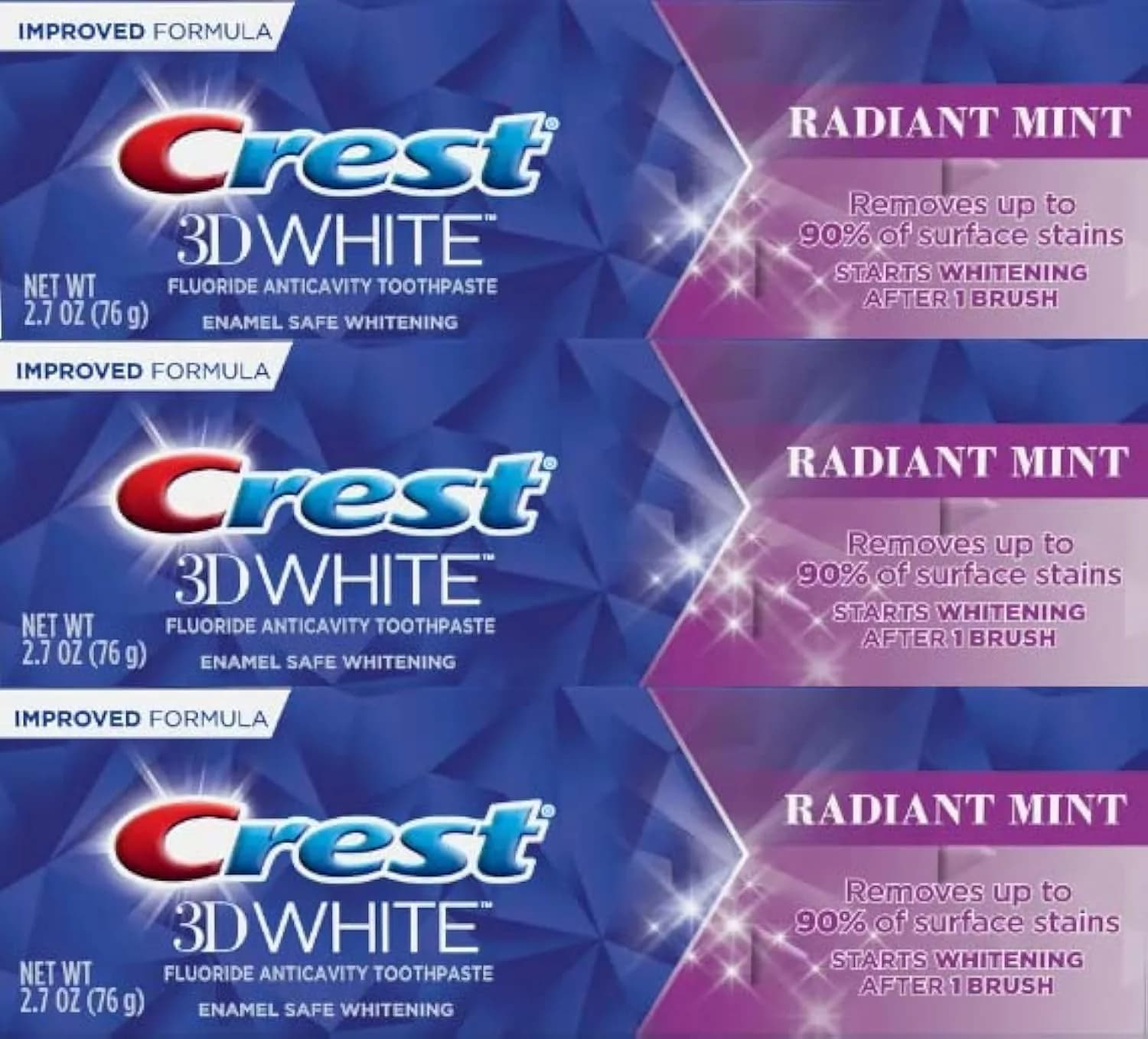 Crest 3D White Radiant Mint Toothpaste 76g (2.7 Oz) - Pack of 3 | Removes 90% Surface Stains - main product image
