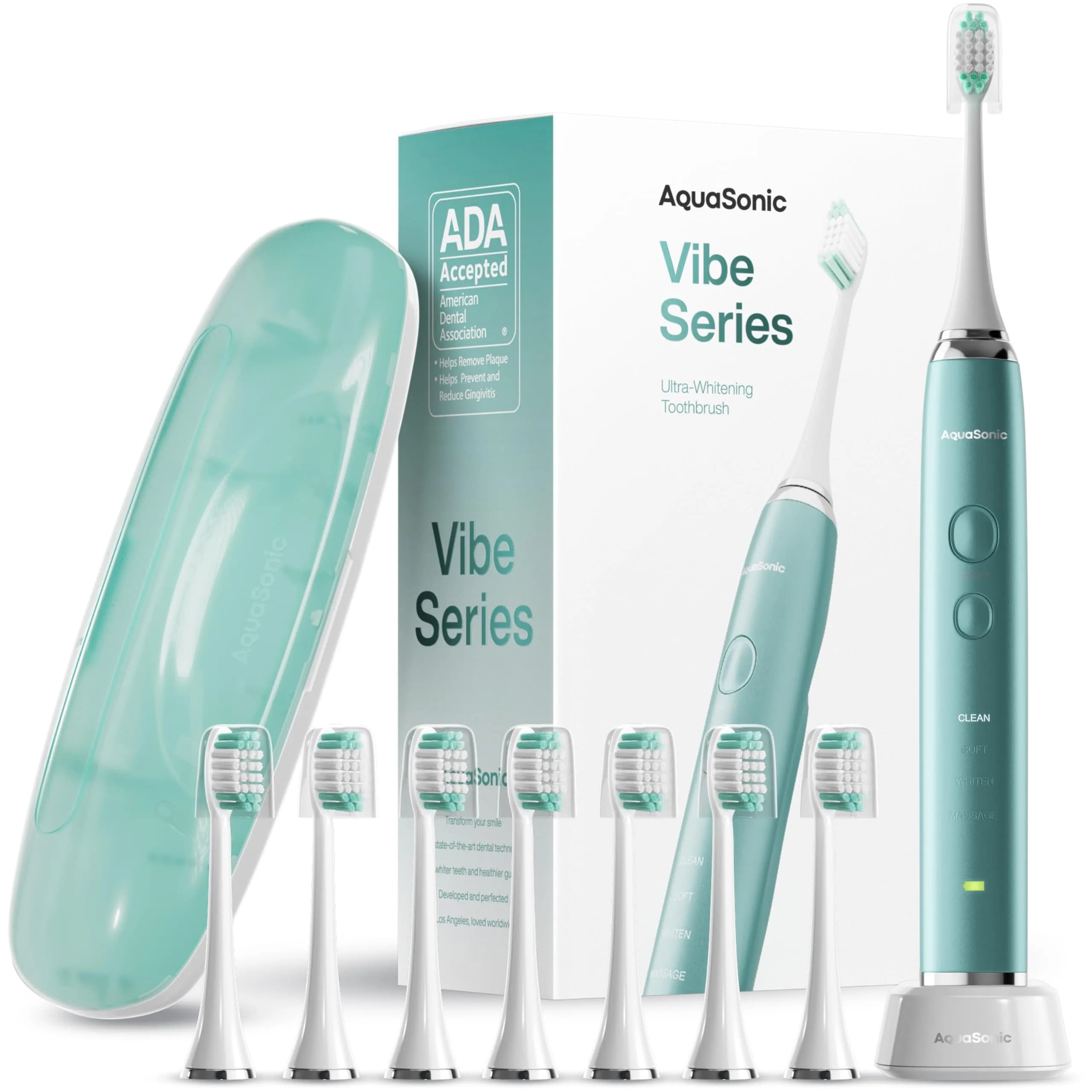 Aquasonic Vibe Series Ultra-Whitening Toothbrush – ADA Accepted Electric Toothbrush 1 Count (Pack of 1) | 40,000 VPM Motor & Wireless Charging — Mint Green Metallic