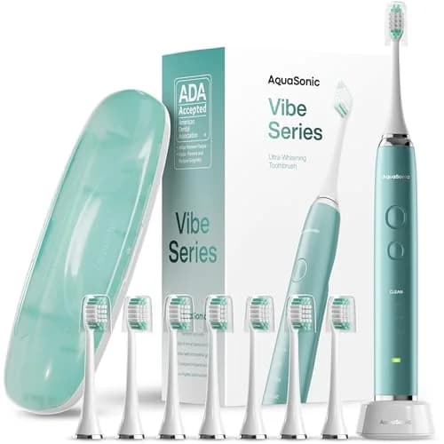 Aquasonic Vibe Series Ultra-Whitening Toothbrush with 8 Brush Heads & Travel Case - Mint Green Metallic (1 Count) thumbnail 1