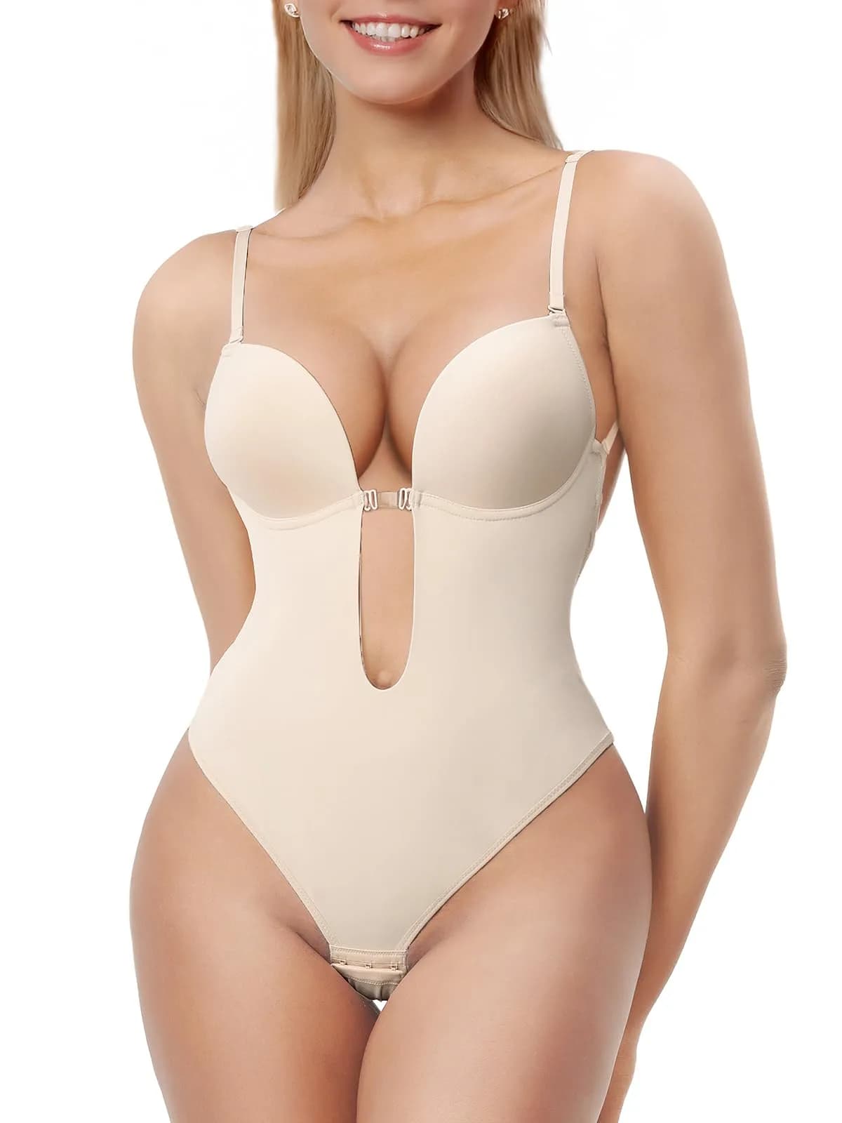 Decorus Backless Bodysuit Strapless Low-Back Thong Body-shaper | Seamless Wedding Shapewear (XX-Large) — Beige