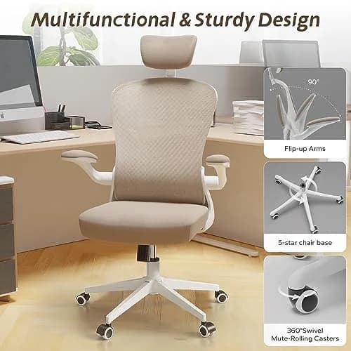 SICHY AGE High Back Mesh Office Desk Chair with Adjustable Lumbar Support & Flip-Up Armrests (Khaki, 23in x 29in x 28in) thumbnail 5