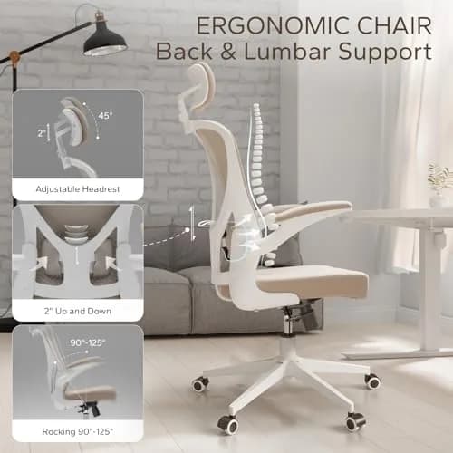 SICHY AGE High Back Mesh Office Desk Chair with Adjustable Lumbar Support & Flip-Up Armrests (Khaki, 23in x 29in x 28in) thumbnail 6