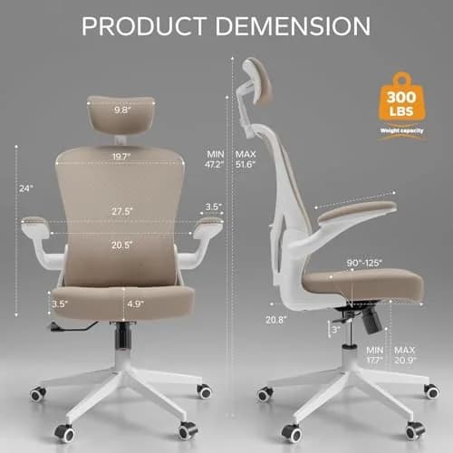 SICHY AGE High Back Mesh Office Desk Chair with Adjustable Lumbar Support & Flip-Up Armrests (Khaki, 23in x 29in x 28in) thumbnail 2