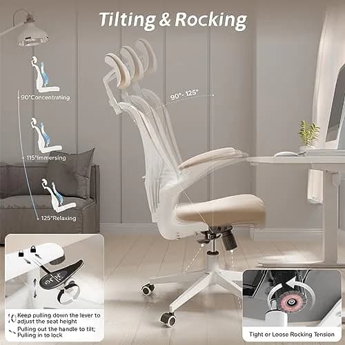 SICHY AGE High Back Mesh Office Desk Chair with Adjustable Lumbar Support & Flip-Up Armrests (Khaki, 23in x 29in x 28in) thumbnail 3