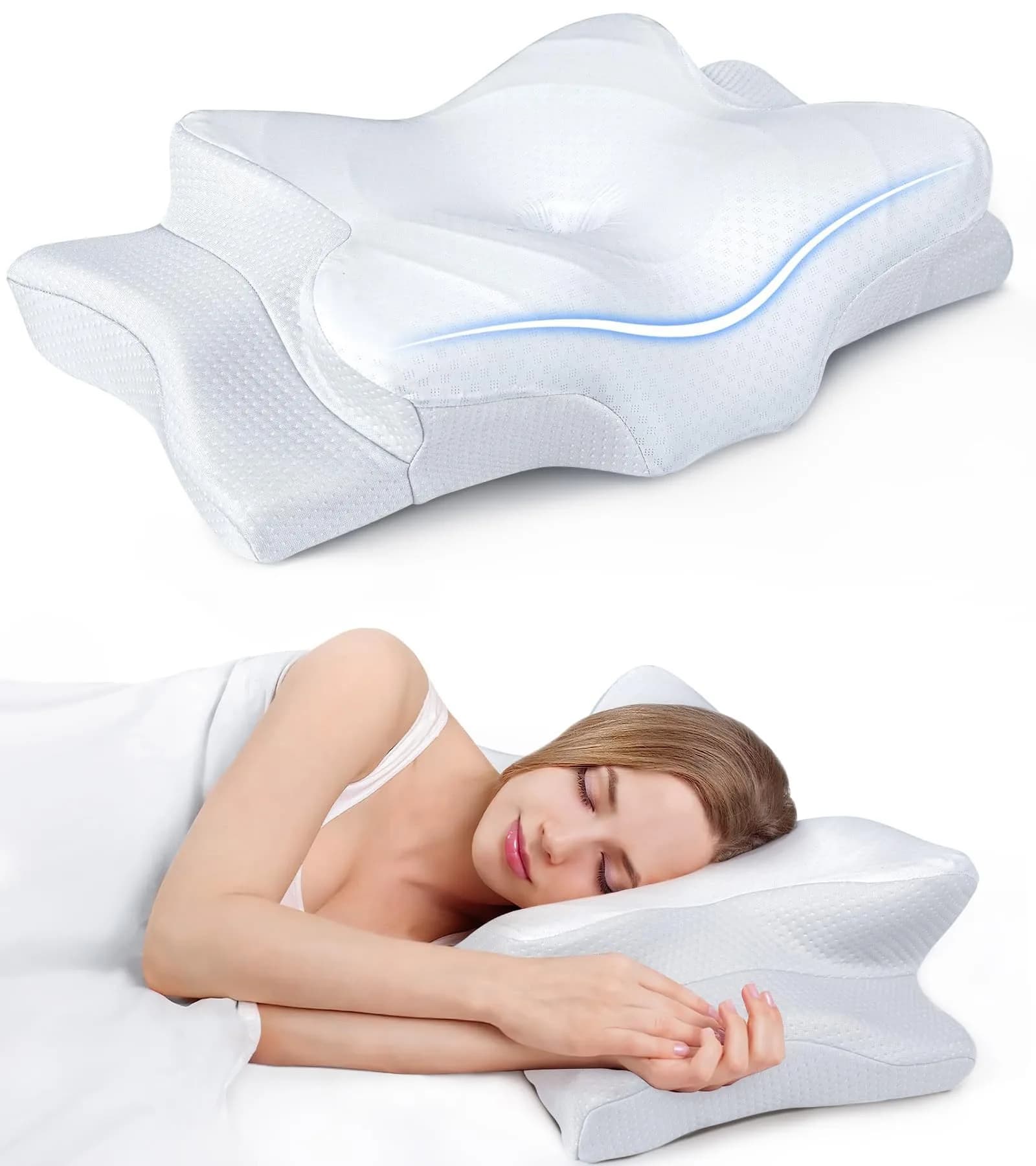 Cozyplayer Ergonomic Cervical Memory Foam Pillow | 59cm (23.2 in) x 34cm (13.4 in) x 13cm (5.1 in) | Neck Pain Relief — White / Queen