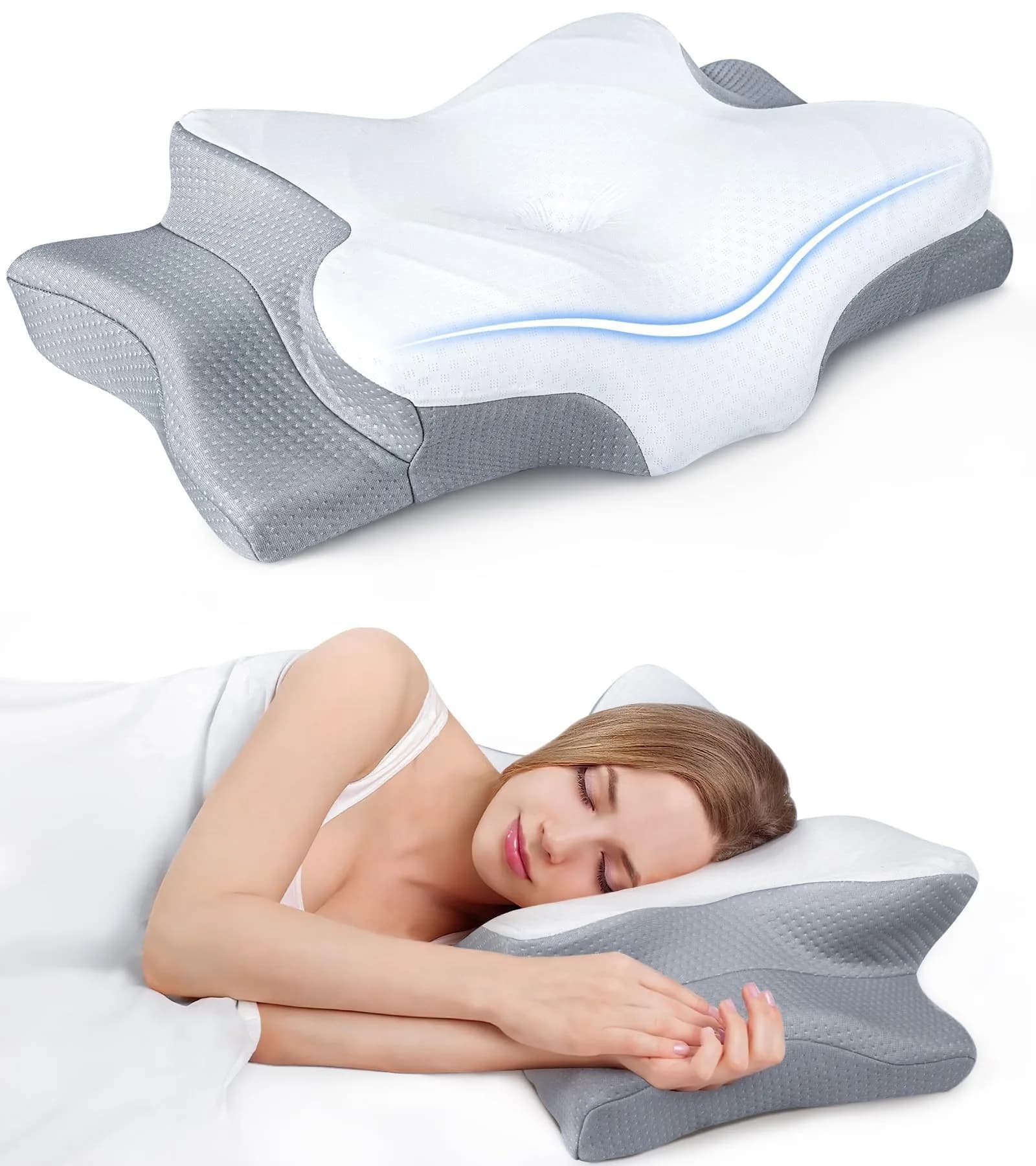 Cozyplayer Ergonomic Cervical Memory Foam Pillow | 59cm (23.2 in) x 34cm (13.4 in) x 13cm (5.1 in) | Neck Pain Relief — Grey / Queen