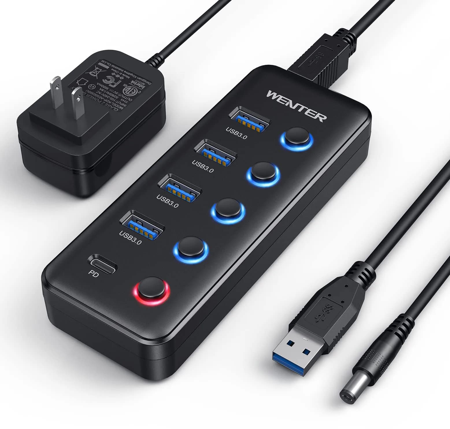 WENTER Powered USB 3.0 Hub 5-Port with Type-C Charging | 4 Data + 1 Charging Ports, LED Switches, Compatible with Mac & PC - main product image