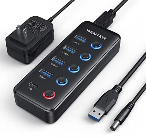 WENTER Powered USB 3.0 Hub 5-Port with Type-C Charging | 4 Data + 1 Charging Ports, LED Switches, Compatible with Mac & PC thumbnail 1