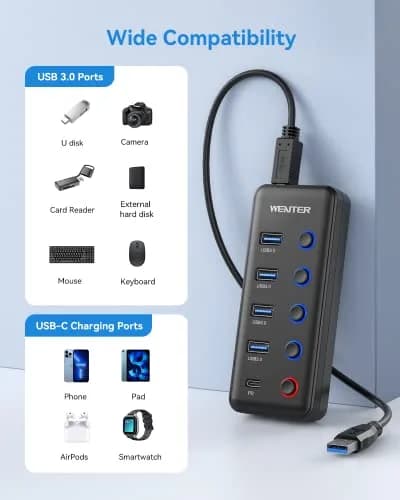 WENTER Powered USB 3.0 Hub 5-Port with Type-C Charging | 4 Data + 1 Charging Ports, LED Switches, Compatible with Mac & PC thumbnail 3
