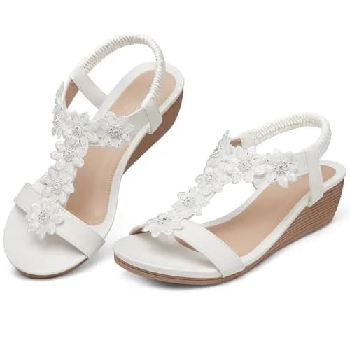 SHIBEVER Dressy Wedge Women Sandals: White Comfortable Low Heel Sandal | Elegant Style & All-Day Comfort thumbnail 1