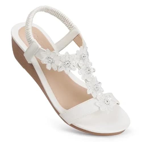 SHIBEVER Dressy Wedge Women Sandals: White Comfortable Low Heel Sandal | Elegant Style & All-Day Comfort thumbnail 4