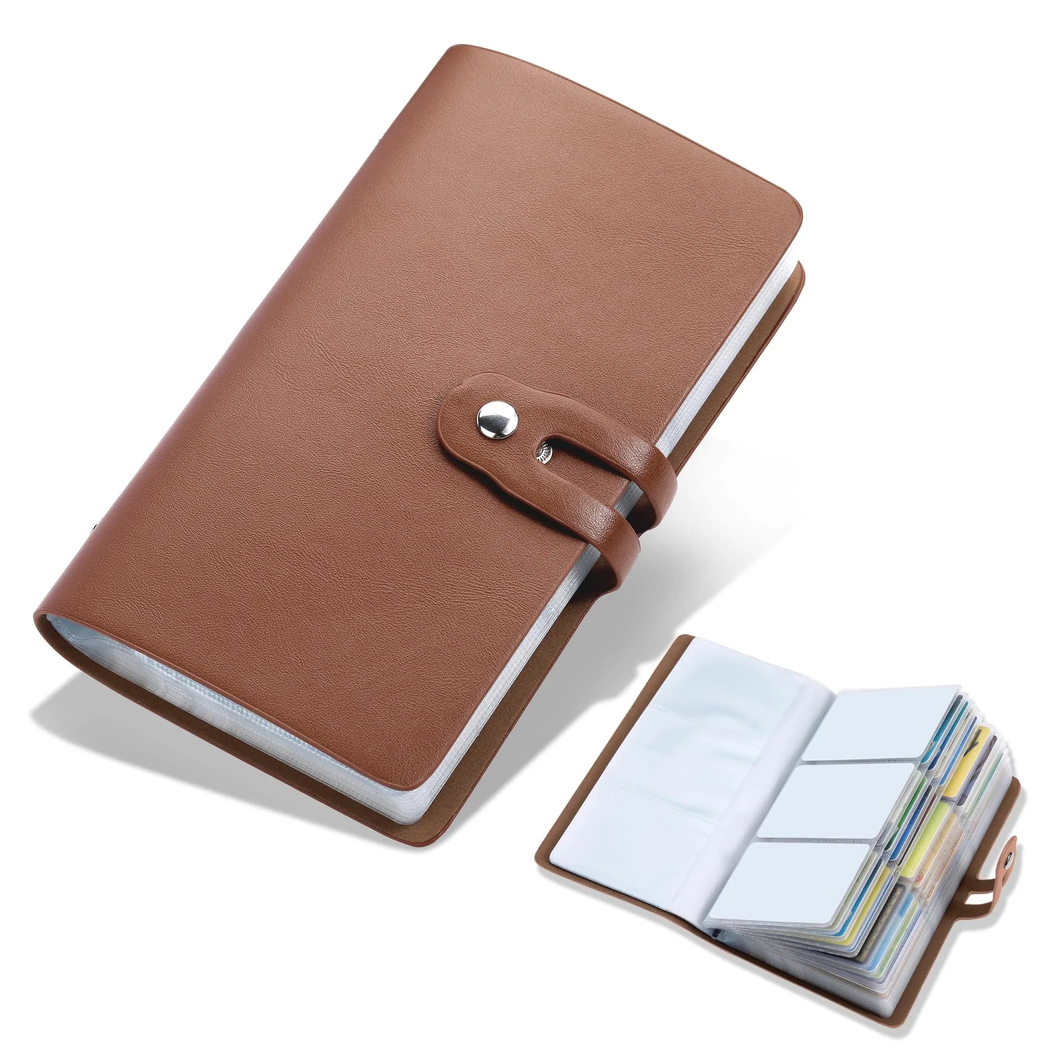 Angimi Leather Business Card Organizer, RFID Blocking, Pink | Holds 96 Cards, Compact & Durable — Brown
